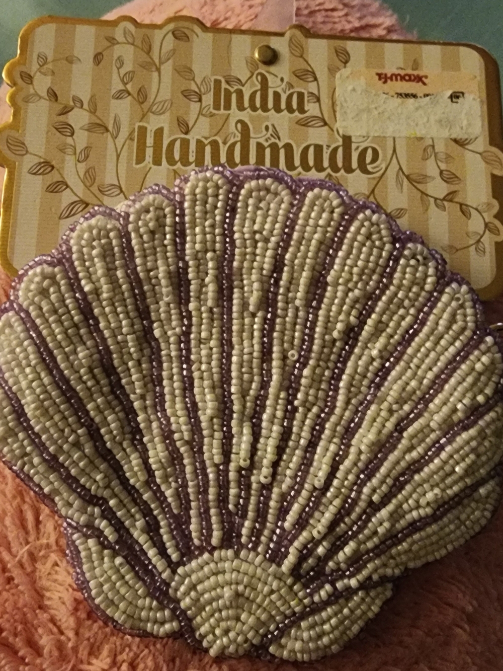 Handmade Beaded Shell Clutch - Purple and Cream